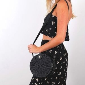ShelterCast Handmade Round Rattan and Leather Crossbody Bag in Black NWT